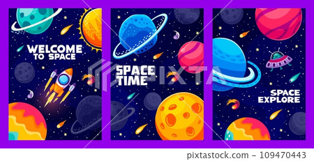 Cartoon space landscape posters of alien galaxy planets, rocket and UFO, vector astronomy science and outer space travel. Alien spaceships on starry sky background, fire asteroids, comets and stars 109470443