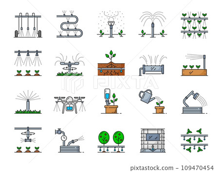 Drip water irrigation system icons. Garden and farm field sprinkler, irrigate technology. Garden, field and greenhouse plant drip watering, agriculture aquaponics thin line vector pictograms set 109470454