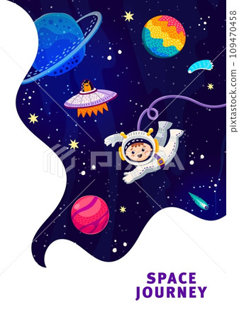 Cartoon kid spaceman in outer space flying to galaxy planets with alien UFO, vector poster. Space adventure and galaxy journey of kid spaceman with cosmic spaceship to starry sky and planets 109470458