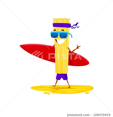 Cartoon surfer pasta character with surfboard on summer beach vacation. Italian bucatini macaroni vector personage with surfing shorts, sunglasses, surf board and headband making finger gun gesture 109470459