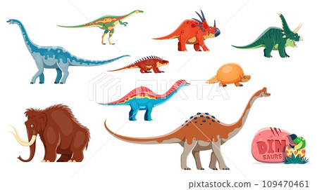 Cartoon dinosaurs funny characters. Jurassic era animal, extinct reptile, Euhelopus, Styracosaurus, Chasmosaurus and Elaphrosaurus, Shansisuchus, Glyptodon dinosaur isolated vector cheerful personages 109470461