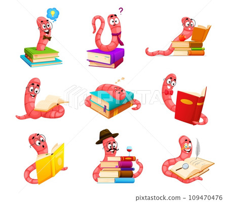 Cartoon bookworm characters. Funny cute book worm animals. Vector set of pest personages reading, writing poems, having idea and question. Sleeping, learning exams and enjoying time in the library 109470476