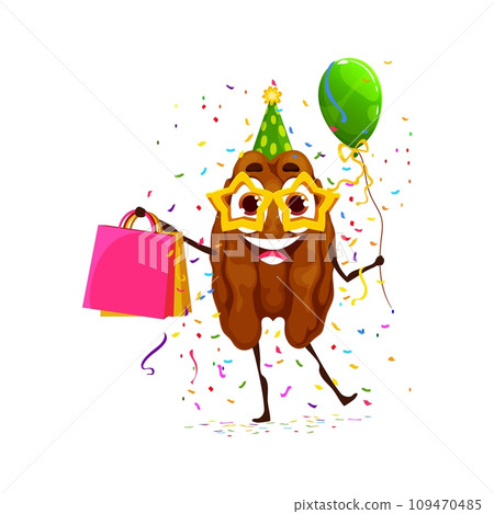 Cartoon pekan nut character on holiday and birthday. Isolated vector joyful grain celebrates party with excitement, holding balloons and gifts, with confetti around, spreading cheer and happiness 109470485