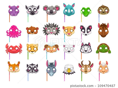 Cartoon animal carnival party masks. Festival holiday or birthday celebration costume. Isolated vector set hippo, zebra, koala and rhino. Crocodile, sloth, octopus and beaver, hedgehog or badger 109470487