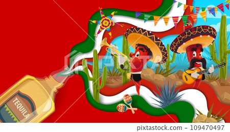 Tequila paper cut banner with blue agave, chili peppers, cactus and pinata for Mexican fiesta holiday, vector background. Funny chili pepper characters as mariachi musicians in sombrero with guitar 109470497