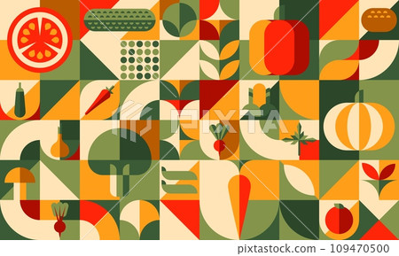 Bauhaus vegetable abstract geometric pattern. Agriculture and farming background, geometric vector print. Autumn harvest vegetables retro backdrop with tomato, pumpkin, carrot and beet, corn, onion Bauhaus vegetable abstract geometric pattern. Agriculture and farming background, geometric vector print. Autumn harvest vegetables retro backdrop with tomato, pumpkin, carrot and beet, corn, onion 109470500