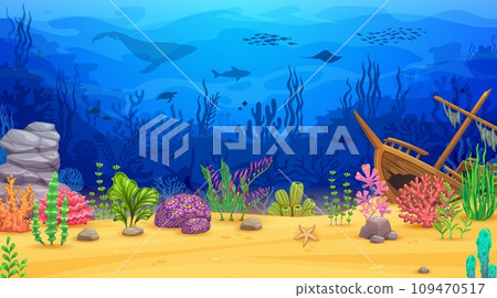 Cartoon sunken ship, animal silhouettes and seaweeds on underwater landscape vector background. Ocean under water bottom of tropical coral reef, fish shoal, shark, sea turtle and algae, game backdrop 109470517