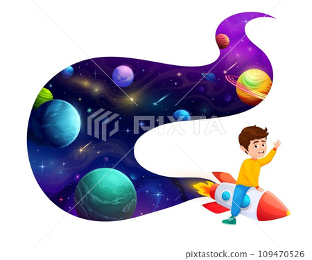 Cartoon cheerful kid boy flying on space rocket with smoke trace of fantasy galaxy planets, stars and asteroids. Happy boy astronaut character playing with spaceship. Space travel and astronomy themes 109470526