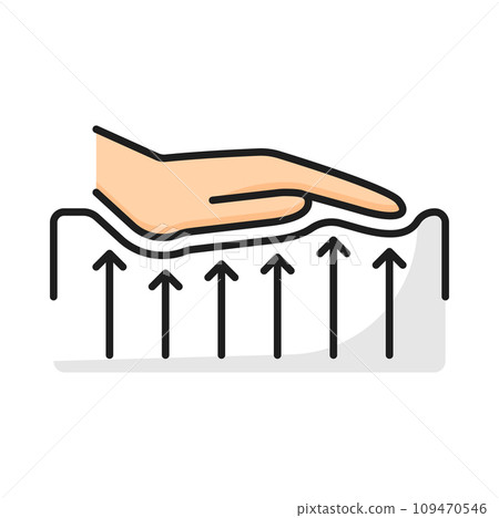 Hand touching cover of bed with breathable properties, rubber latex mattress with memory color line icon. Vector bed orthopedic mattress with foam 109470546