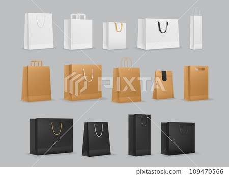 Paper shopping bags with handles vector mockups. Store cardboard package, boutique sale or shop discount purchase luxury white, brown and black packets with ribbon handles 3d realistic vector mockup 109470566