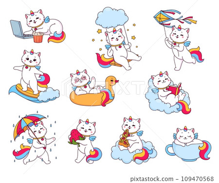 Cute cartoon caticorn characters, funny cat unicorn with rainbow, vector happy kitty. Caticorn kitten baby on magic cloud, with rainbow umbrella and dream sleeping in cup or with heart sunglasses Cute cartoon caticorn characters, funny cat unicorn with rainbow, vector happy kitty. Caticorn kitten baby on magic cloud, with rainbow umbrella and dream sleeping in cup or with heart sunglasses 109470568