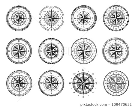 Old compass, vintage map wind rose, marine navigation and nautical cartography, vector direction stars. Retro seafaring compass with south, east, north and west arrow direction on wind rose Old compass, vintage map wind rose, marine navigation and nautical cartography, vector direction stars. Retro seafaring compass with south, east, north and west arrow direction on wind rose 109470631