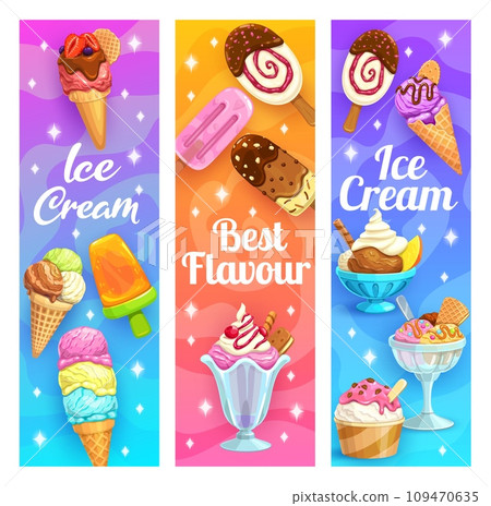 Cartoon sundae, ice cream stick and cone, vanilla and chocolate, fruit juice ice pop, vector banners. Ice cream cafe or gelateria menu backgrounds with sweet frozen desserts, fruit and berry ice cream Cartoon sundae, ice cream stick and cone, vanilla and chocolate, fruit juice ice pop, vector banners. Ice cream cafe or gelateria menu backgrounds with sweet frozen desserts, fruit and berry ice cream 109470635