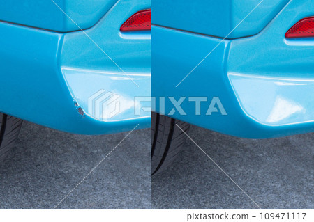 汽車後保險桿上的刮痕,修復前後的特寫 汽車後保險桿上的刮痕,修復前後的特寫 109471117