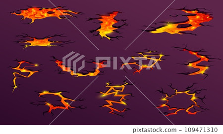 Volcano lava or magma fire on ground cracks, vector cartoon game effect or background. Red yellow volcano magma burn or volcanic eruption hole cracks in ground of molten stone rocks in flame 109471310