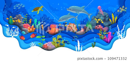 Underwater paper cut landscape with dolphin, turtle, seaweeds and fish shoals. Marine animal and plant scene, ocean aquatic life vector backdrop with sea bottom wildlife animal, corals and seaweeds Underwater paper cut landscape with dolphin, turtle, seaweeds and fish shoals. Marine animal and plant scene, ocean aquatic life vector backdrop with sea bottom wildlife animal, corals and seaweeds 109471332
