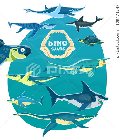 Aquatic dinosaurs cartoon characters. Elasmosaurus, Liopleurodon, Ichthyosaur and Archelon Tylosaurus, Kronosaurus, Ophthalmosaurus and Megalodon, Plesiosaurus marine dinosaurs cute personages set Aquatic dinosaurs cartoon characters. Elasmosaurus, Liopleurodon, Ichthyosaur and Archelon Tylosaurus, Kronosaurus, Ophthalmosaurus and Megalodon, Plesiosaurus marine dinosaurs cute personages set 109471347