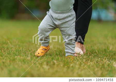 close up leg of infant baby walking on green grass in park with mother helping close up leg of infant baby walking on green grass in park with mother helping 109471458