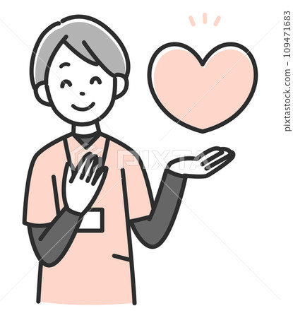 微笑的女醫護人員高舉心形符號 微笑的女醫護人員高舉心形符號 109471683