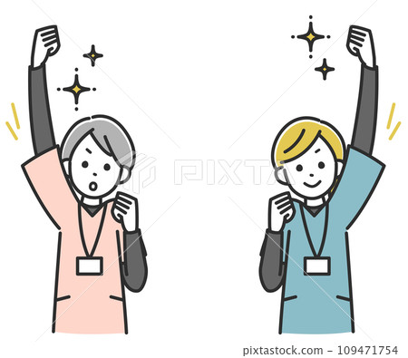 Female medical staff cheering by raising their fists Female medical staff cheering by raising their fists 109471754