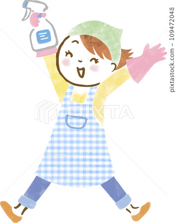Hand-drawn illustration of a smiling woman in an apron holding a spray gun, wearing rubber gloves, and jumping 109472048