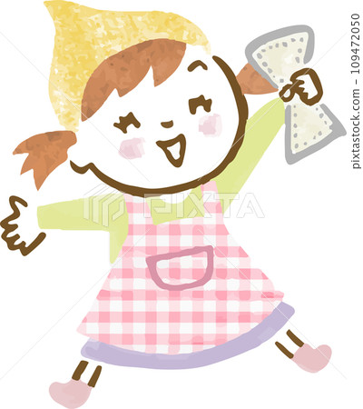手繪插畫，一個女孩拿著抹布，微笑跳躍 109472050