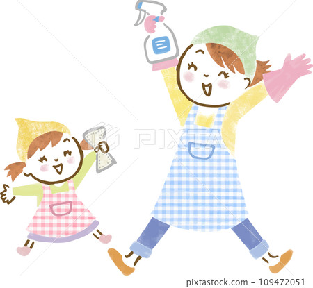 Hand-drawn illustration of a mother and daughter jumping with the intention of cleaning 109472051