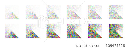 Square shaped dotted objects, stipple elements. Stippling, dotwork drawing shading using dots. Halftone disintegration effect. Colored noise grainy texture. Fading gradient. Vector illustration Square shaped dotted objects, stipple elements. Stippling, dotwork drawing shading using dots. Halftone disintegration effect. Colored noise grainy texture. Fading gradient. Vector illustration 109473228