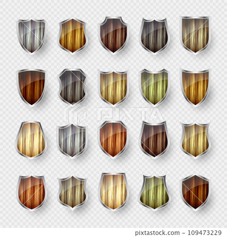 Set of wooden vintage shield icons. Black heraldic shields. Protection and security symbol, label. Vector illustration Set of wooden vintage shield icons. Black heraldic shields. Protection and security symbol, label. Vector illustration 109473229