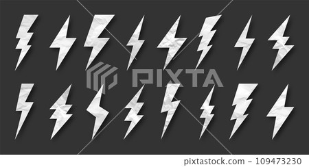 Lightning bolt, crumpled paper texture, cardboard. Flash symbol, thunderbolt. Simple lightning strike sign. Vector illustration Lightning bolt, crumpled paper texture, cardboard. Flash symbol, thunderbolt. Simple lightning strike sign. Vector illustration 109473230