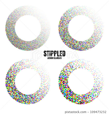 Round shaped dotted objects, vintage stipple elements. Fading gradient. Stippling, dotwork drawing, shading using dots. Colored disintegration effect. Noise grainy texture. Vector illustration Round shaped dotted objects, vintage stipple elements. Fading gradient. Stippling, dotwork drawing, shading using dots. Colored disintegration effect. Noise grainy texture. Vector illustration 109473232