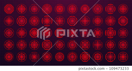 Crosshair, gun sight vector icons. Bullseye, black target or aim symbol. Military rifle scope, shooting mark sign. Targeting, aiming for a shot. Archery, hunting and sports shooting. Game UI element. Crosshair, gun sight vector icons. Bullseye, black target or aim symbol. Military rifle scope, shooting mark sign. Targeting, aiming for a shot. Archery, hunting and sports shooting. Game UI element. 109473233