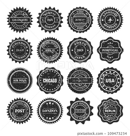 Post stamps, labels and badges. Grunge imprints and postmarks. Vintage circle postcard watermarks. Used envelope design elements. Vector illustration Post stamps, labels and badges. Grunge imprints and postmarks. Vintage circle postcard watermarks. Used envelope design elements. Vector illustration 109473234