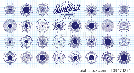 Hand drawn vintage sunburst, sunset beams on checkered paper sheet. Bursting sun, light rays. Logotype or lettering design element in retro style. School notebook for drawing. Vector illustration Hand drawn vintage sunburst, sunset beams on checkered paper sheet. Bursting sun, light rays. Logotype or lettering design element in retro style. School notebook for drawing. Vector illustration 109473235