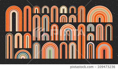 Mid century arch elements, modern geometric shapes, grunge rainbow. Contemporary design, minimalist art. Trendy design elements for wall decor, posters, books, covers and flyers. Vector illustration Mid century arch elements, modern geometric shapes, grunge rainbow. Contemporary design, minimalist art. Trendy design elements for wall decor, posters, books, covers and flyers. Vector illustration 109473236