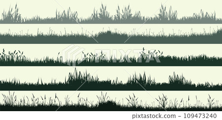 Meadow silhouettes with grass, plants on plain. Panoramic summer lawn landscape with herbs, various weeds. Herbal border, frame element. Green horizontal banners. Vector illustration 109473240