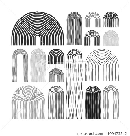 Mid century arch elements, modern geometric shapes. Contemporary design, minimalist art. Hand drawn lines. Trendy design elements for wall decor, posters, books and covers. Vector illustration 109473242