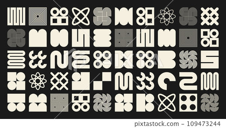 Brutalist geometric shapes, symbols. Simple primitive elements and forms. Bauhaus retro design, trendy contemporary minimalist style. Vector illustration 109473244
