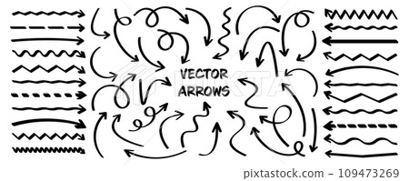 Hand drawn arrows, highlighter lines. Marker stroke, brush pen drawn underline. Handwritten text pointers, notes, marks. Vector illustration 109473269