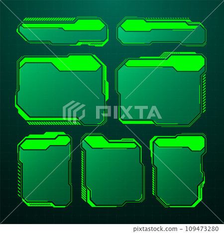 Green futuristic HUD, UI elements. Sci-fi user interface text boxes, callouts. Warning message frames, information boxes template. Modern game interface layout in digital style. Vector illustration Green futuristic HUD, UI elements. Sci-fi user interface text boxes, callouts. Warning message frames, information boxes template. Modern game interface layout in digital style. Vector illustration 109473280