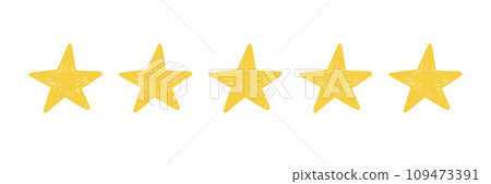 Five star doodle. Hand drawn quality, review yellow five star illustration. Award, quality, feedback concept elements. Sketch grunge style. Isolated vector Five star doodle. Hand drawn quality, review yellow five star illustration. Award, quality, feedback concept elements. Sketch grunge style. Isolated vector 109473391