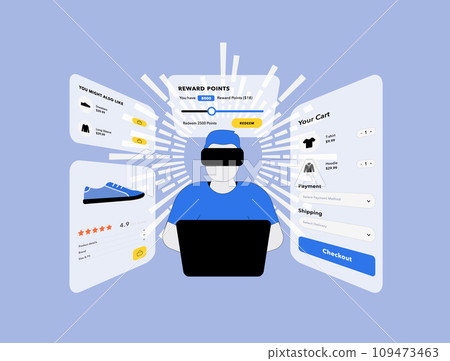 Augmented And Virtual Reality In Retail. VR Shopping Online Checkout Experience using virtual reality helmet. Vector illustration isolated on blue background with icons 109473463