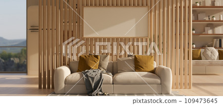 A spacious beautiful Scandinavian living room with a comfortable couch and a wood partition wall. A spacious beautiful Scandinavian living room with a comfortable couch and a wood partition wall. 109473645