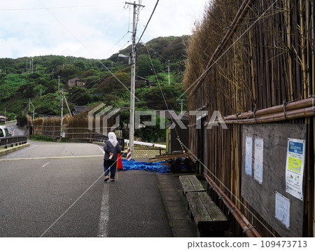 A woman walking back through the quaint townscape of Osawa-cho, Wajima City, Ishikawa Prefecture 109473713