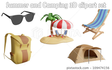 Summer and camping clipart element ,3D render summer and camping concept isolated on white background icon set No.1 109474156