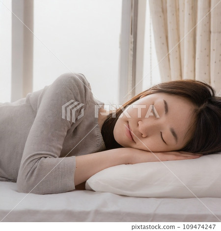 一位長髮女子睡在白牆房間裡的 AI 影像 109474247
