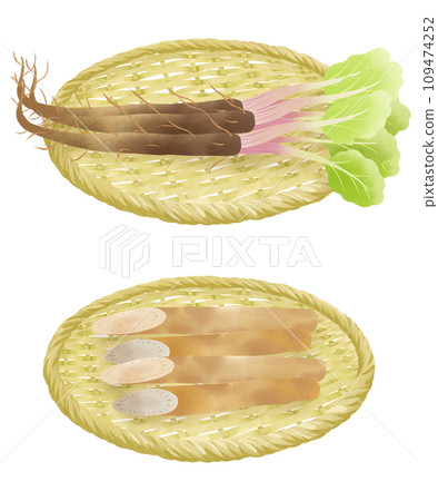 Illustration set of burdock on a colander Illustration set of burdock on a colander 109474252