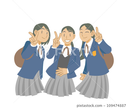 Female students giving a peace sign during a commemorative photo Female students giving a peace sign during a commemorative photo 109474887