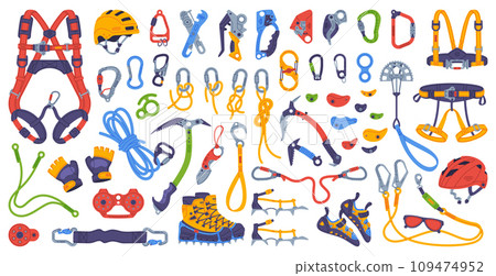 Climbing Equipment with Rope, Pickaxe and Safety Harness Vector Set 109474952