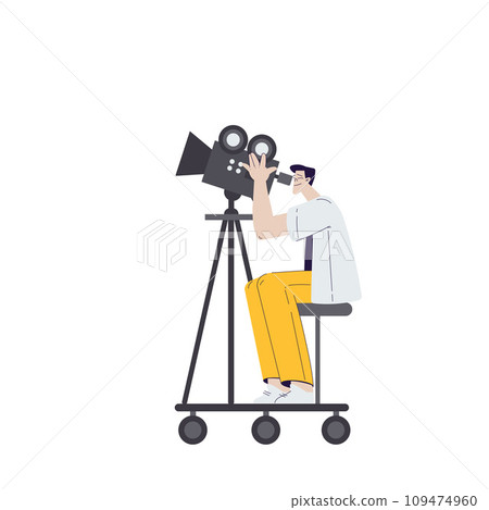 Cinema with Man Character with Camera Engaged in Movie Shooting Vector Illustration Cinema with Man Character with Camera Engaged in Movie Shooting Vector Illustration 109474960
